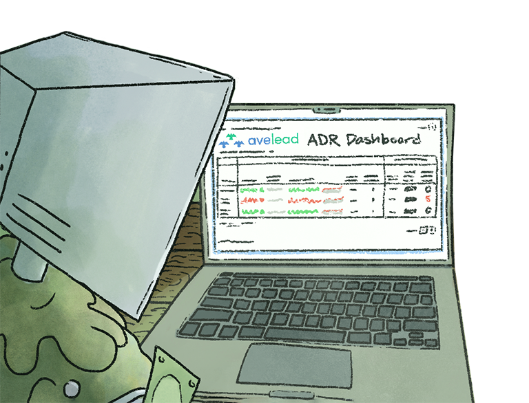 AVL_ADR Dashboard leaky revenue monster staring at computer screen containing avelead RevID ADR Dashboard